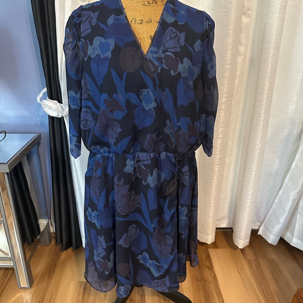 Ted Baker Blue Wrap Smocked Dress with 3/4 Bishop Sleeves EURO SIZE 6